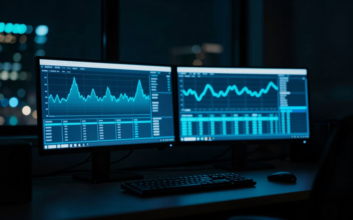 Two monitors showing blue price curves at a desk at night
