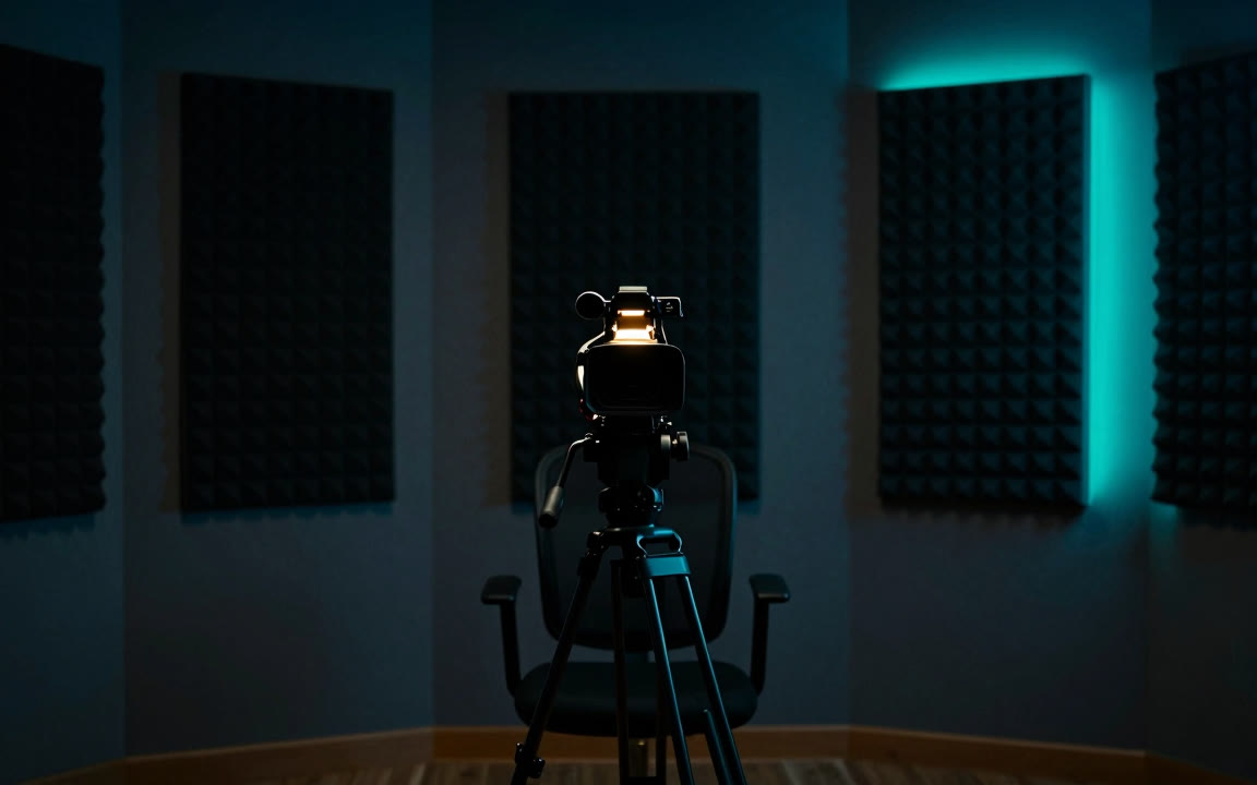 A camera on a tripod facing an empty chair in a darkened recording room