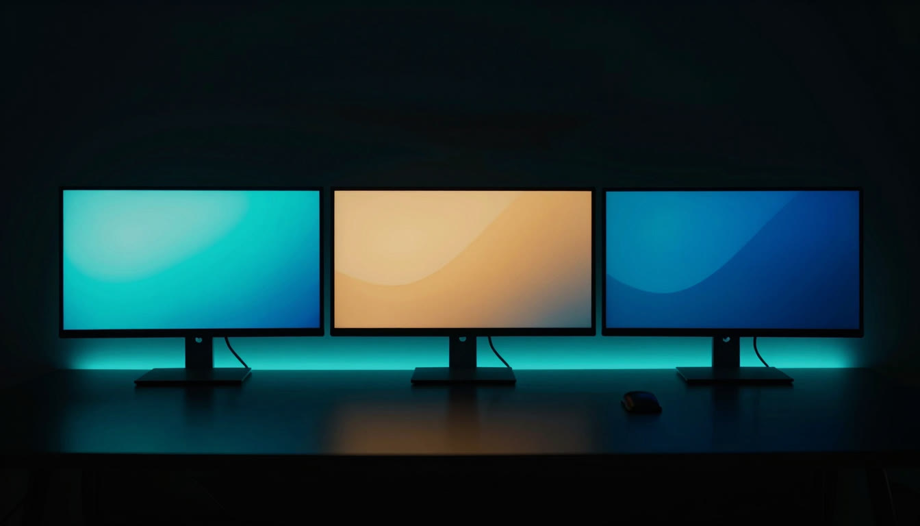 Three monitors side by side in a dark room, each a different colour, all on the same continuous strip of light